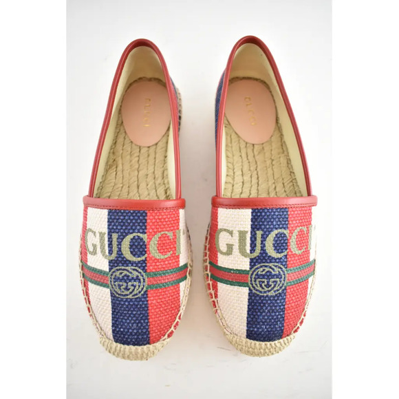 Gucci Sylvie Canvas Leather Red White Blue Logo Stripe Flat Espadrille 34.5 - Picture 6 of 11